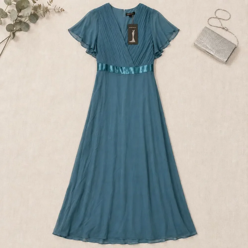 Ever-Pretty Teal Pleated V Neck Flutter Sleeve Formal Maxi Dress 8XL US 24 NWT